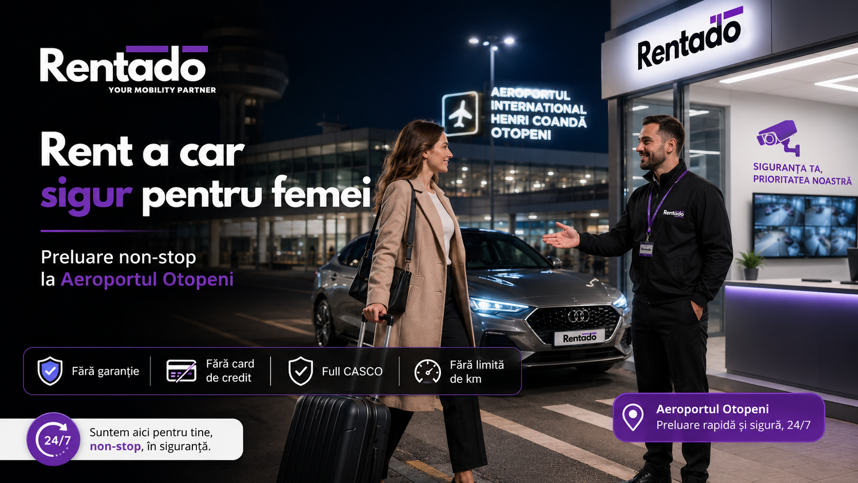 Rent a car sigur pentru femei pe Aeroportul Otopeni: cum alegi o firmă serioasă, disponibilă non-stop